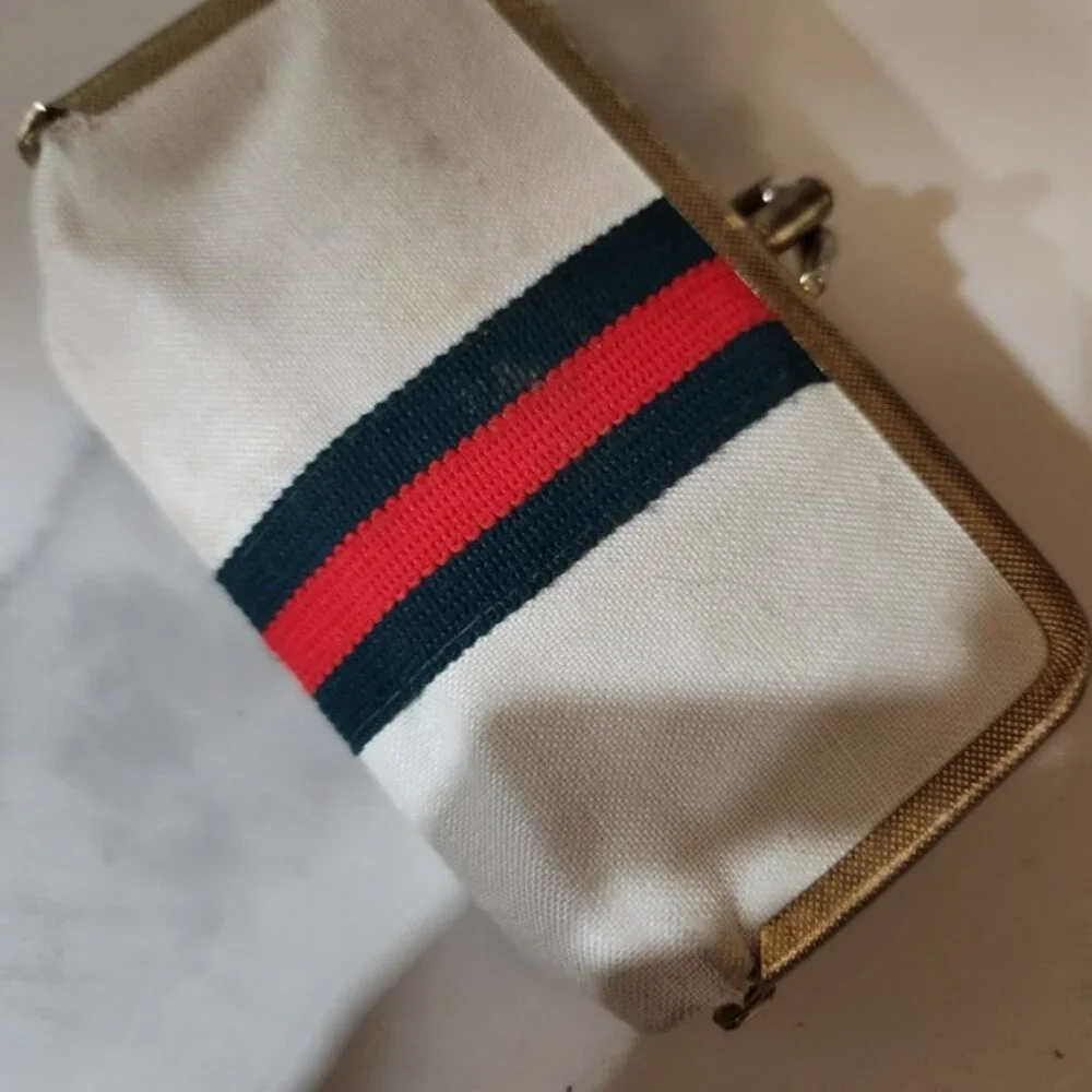 Vintage Vanity Set sewing Tools Etui Case Gold Trim Red Green Stripe‎